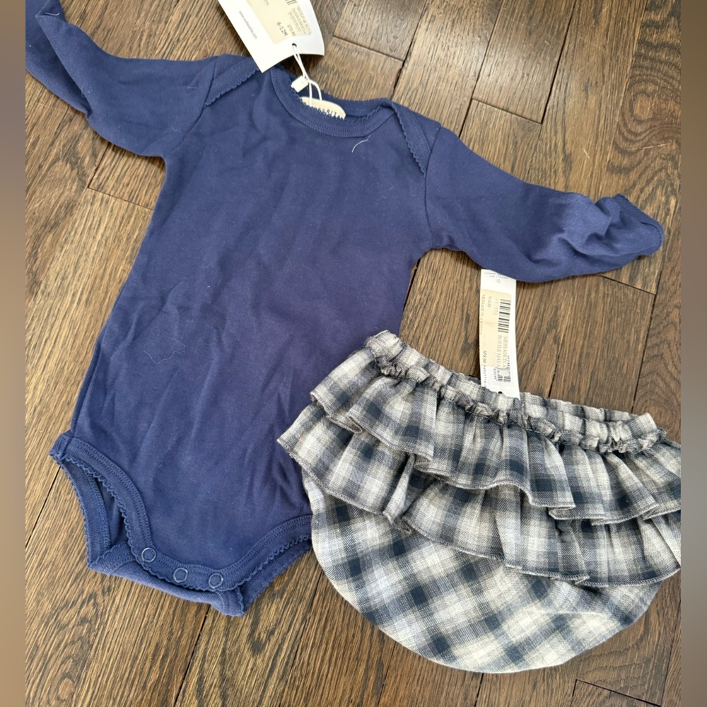 Wolf and Rita onesie + message in a bottle bloomers.   Blue, size 6m